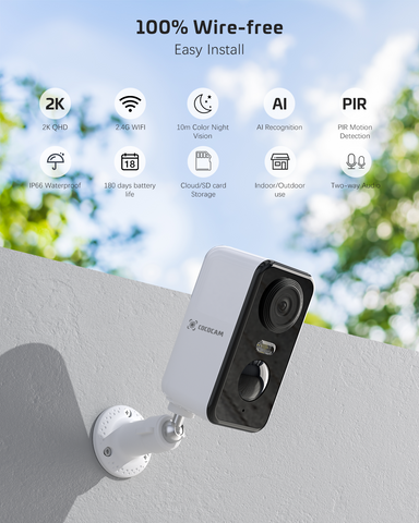 2K WiFi Security Camera Wireless Battery Powered with AI Recognition PIR Motion Detection with Alexa Assistant