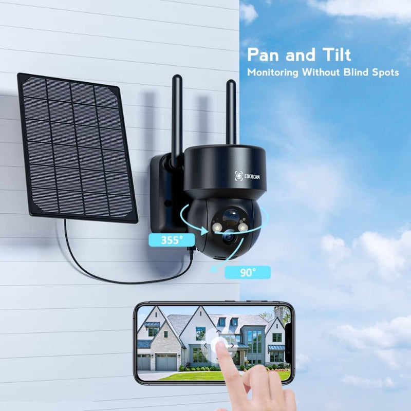 Solar Security Camera 1080P PTZ Camera Outdoor Wireless with PIR Detection