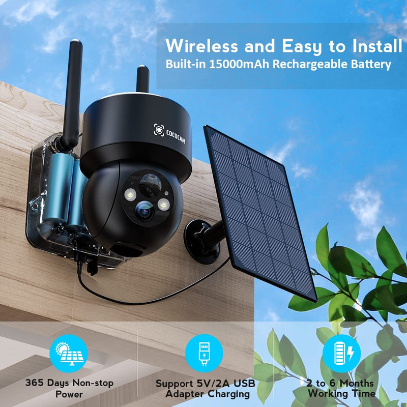 Solar Security Camera 1080P PTZ Camera Outdoor Wireless with PIR Detection